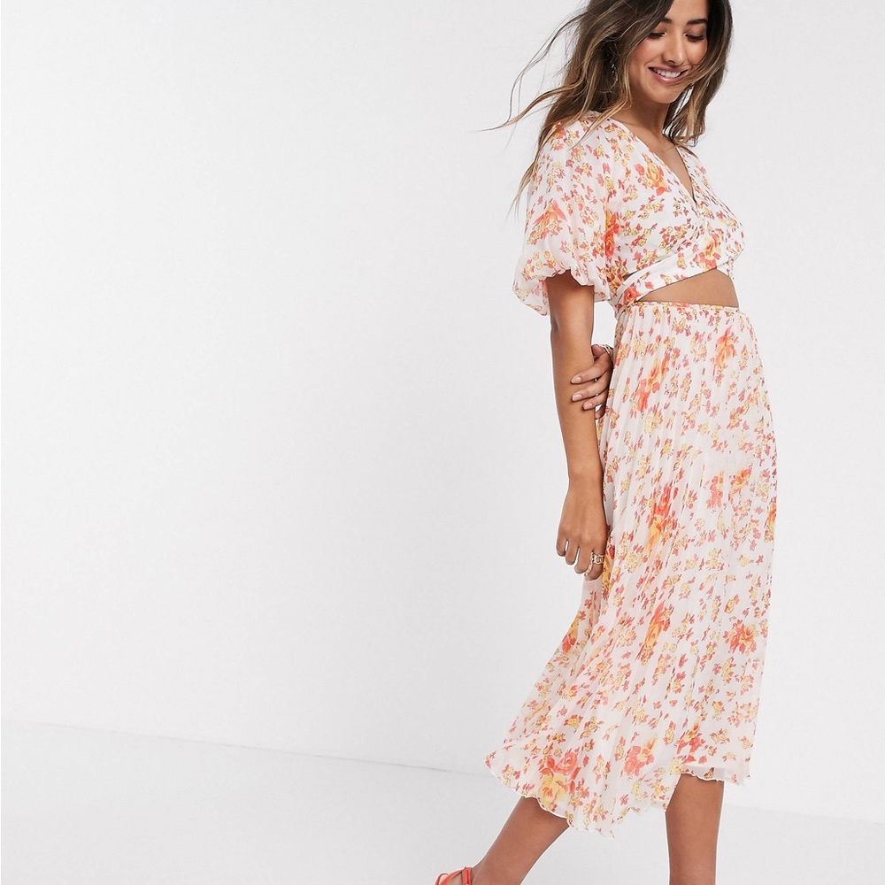ASOS DESIGN Wrap Around Pleated Midi Dress in Floral Print